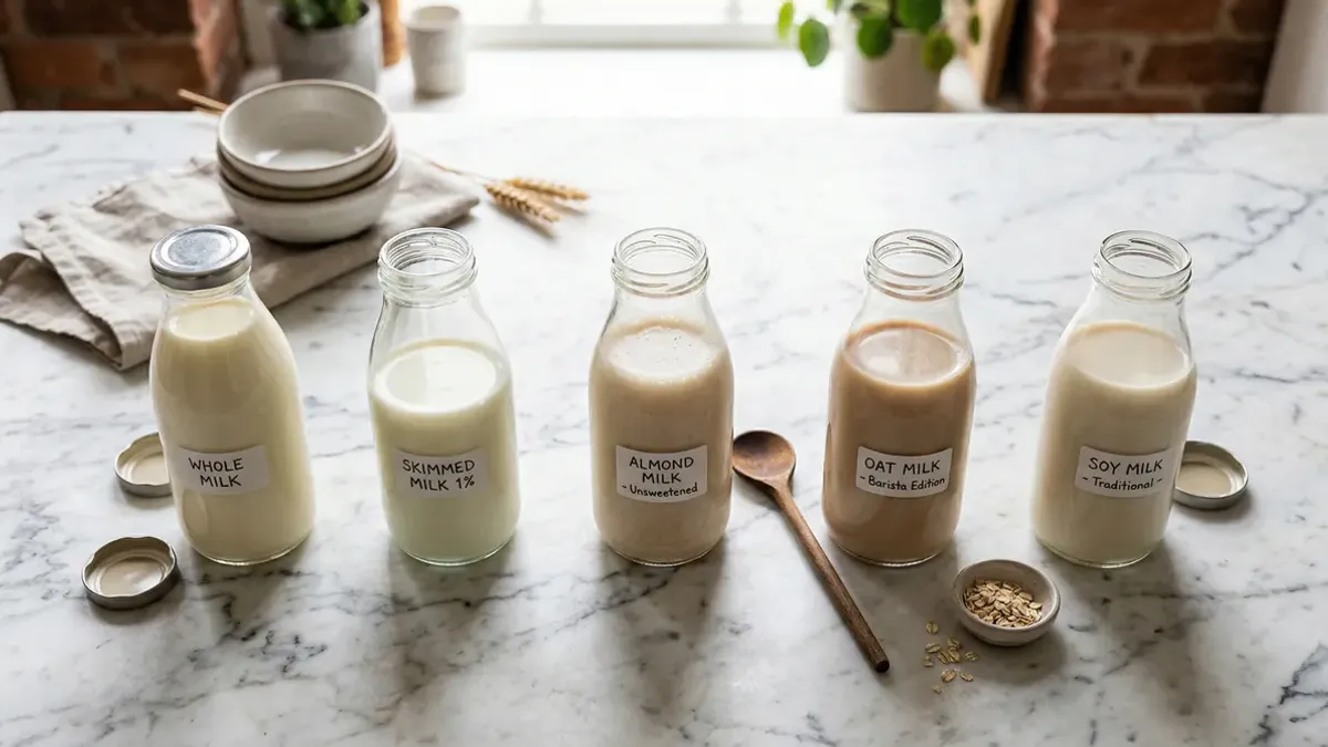 Drie glazen melk naast elkaar van vol naar mager met calorieën per glas melk vergelijking