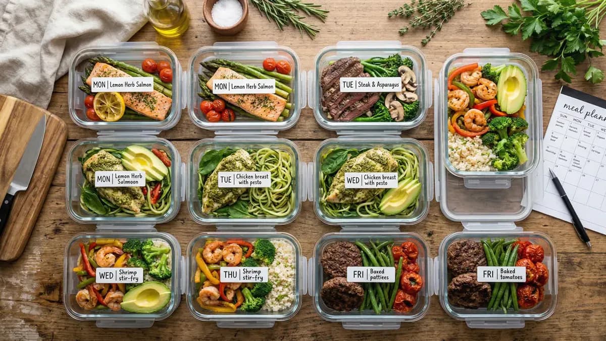 Weekly keto meal prep containers with organised low-carb meals arranged in a flat lay overhead shot