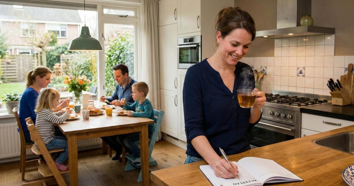 Parent in a kitchen weighing their own portion on a kitchen scale while the family sits at the dinner table