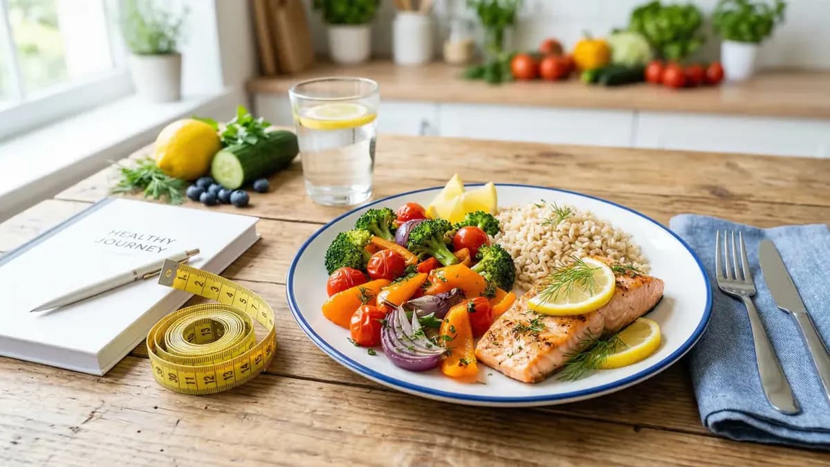 Healthy balanced meal plate with measuring tape symbolizing calorie management for weight loss