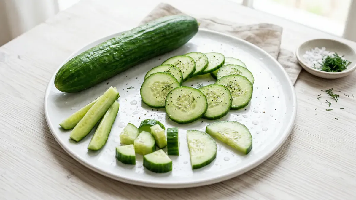Verse komkommer in plakjes gesneden op een witte snijplank met komkommer calorieën informatie