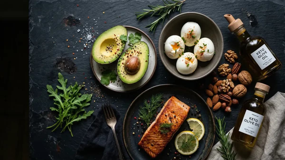 Ketogenic diet flat lay with avocado, eggs, salmon, walnuts and olive oil arranged on a dark surface